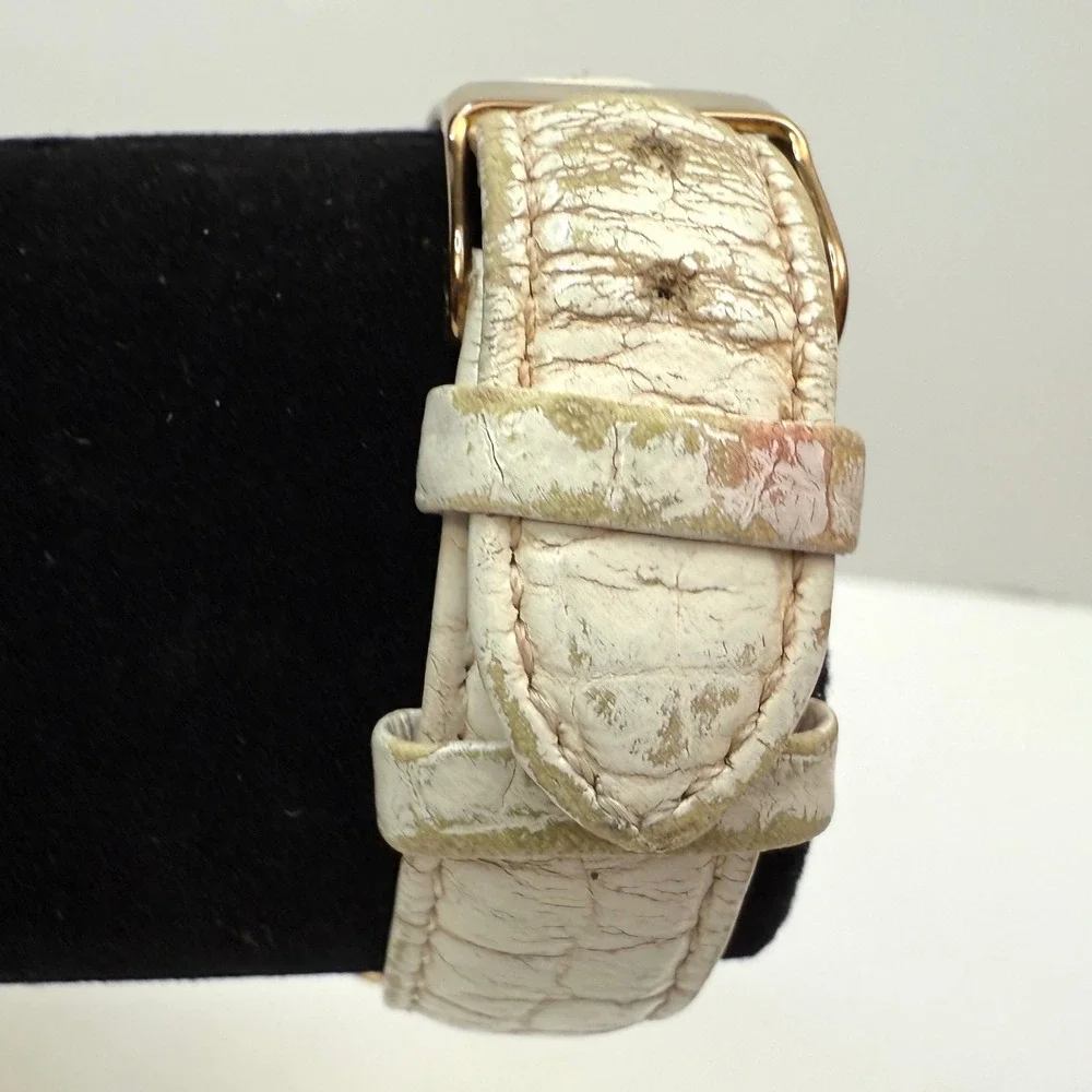 Anne Klein Quartz Watch Gold Tone White Dial Faux Croc Band Rhinestone Accents